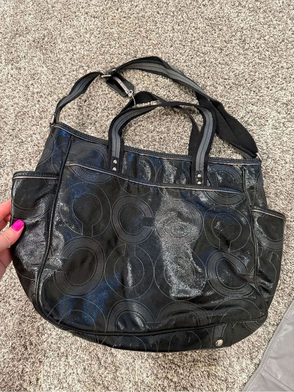 Coach Signature Patent Leather Diaper Bag Black Gray Tote Bag W/ Changing Pad